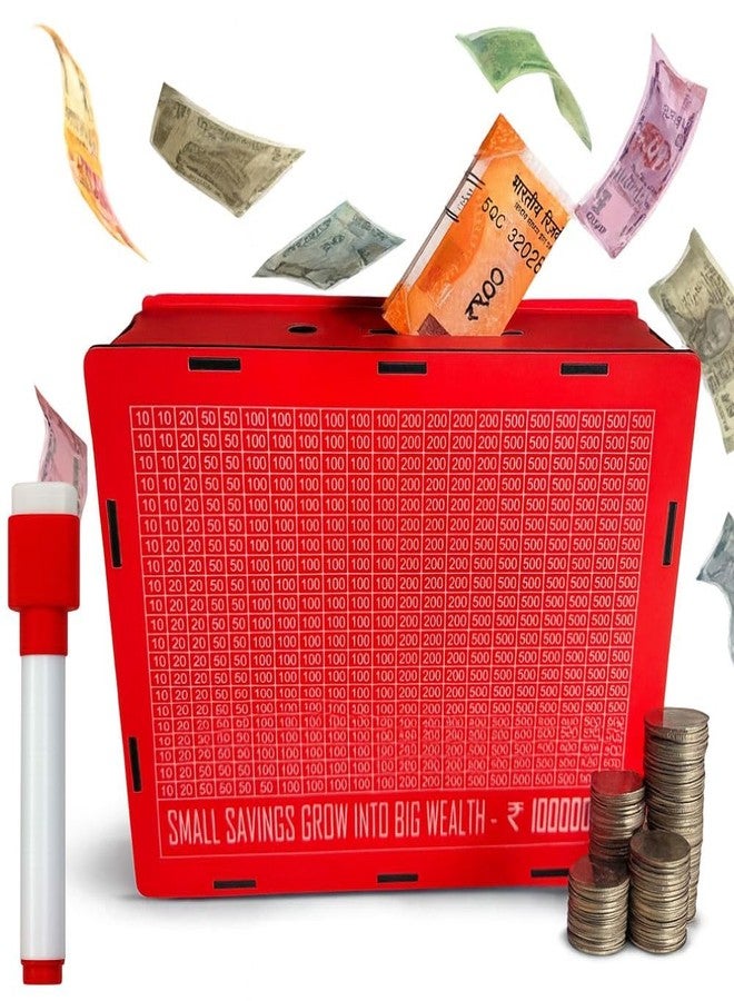 PARTISH Money Saving Box with Tracker,Cash Saving Challenge Box with Money Target for Adults Kids, Piggy Bank for Boys and Girls (Red) - Image 1